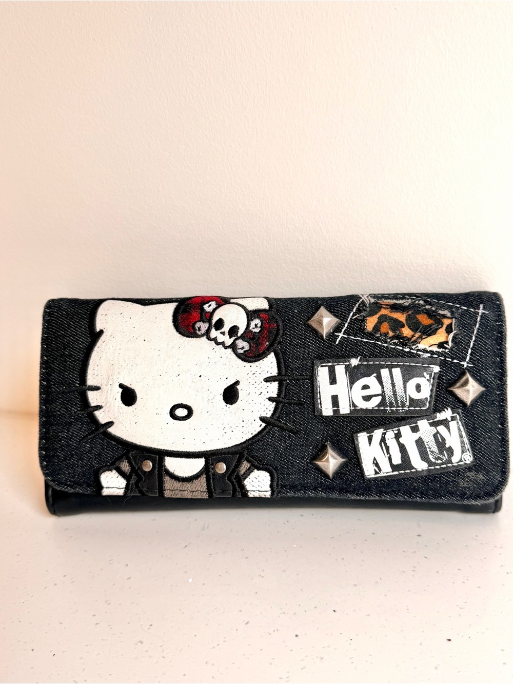 VINTAGE Loungefly Loves Hello Kitty Punk Denim Flap Wallet Rare HTF Goth Skull